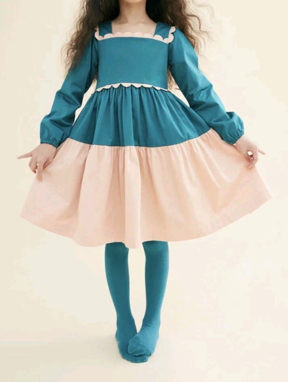 The Middle Daughter - Queen Scallop Dress Teal + Powder Pink 9-10Y